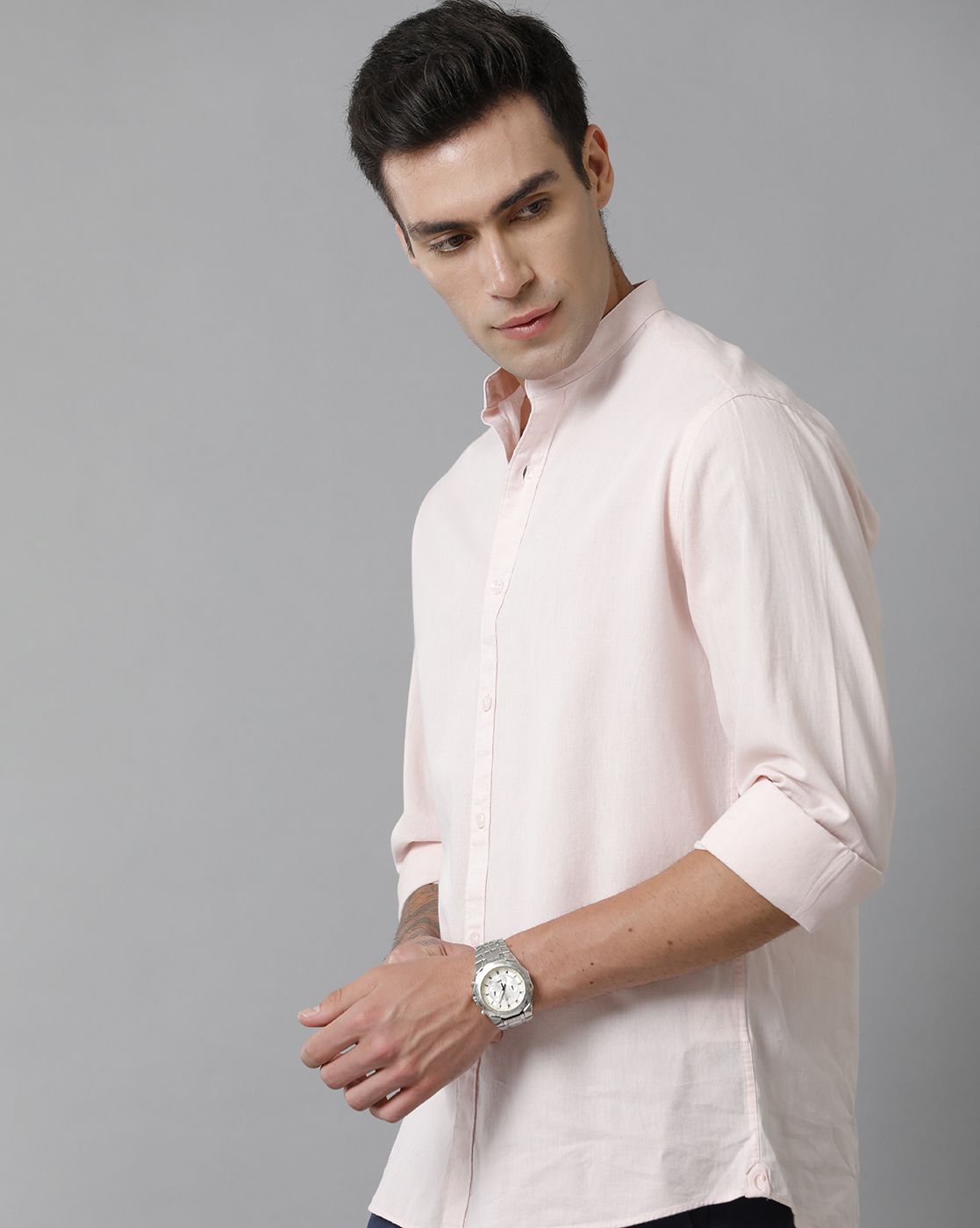Men's Blended Linen Pink Solid Contemporary Fit Full Sleeve Sleeve Casual Shirt