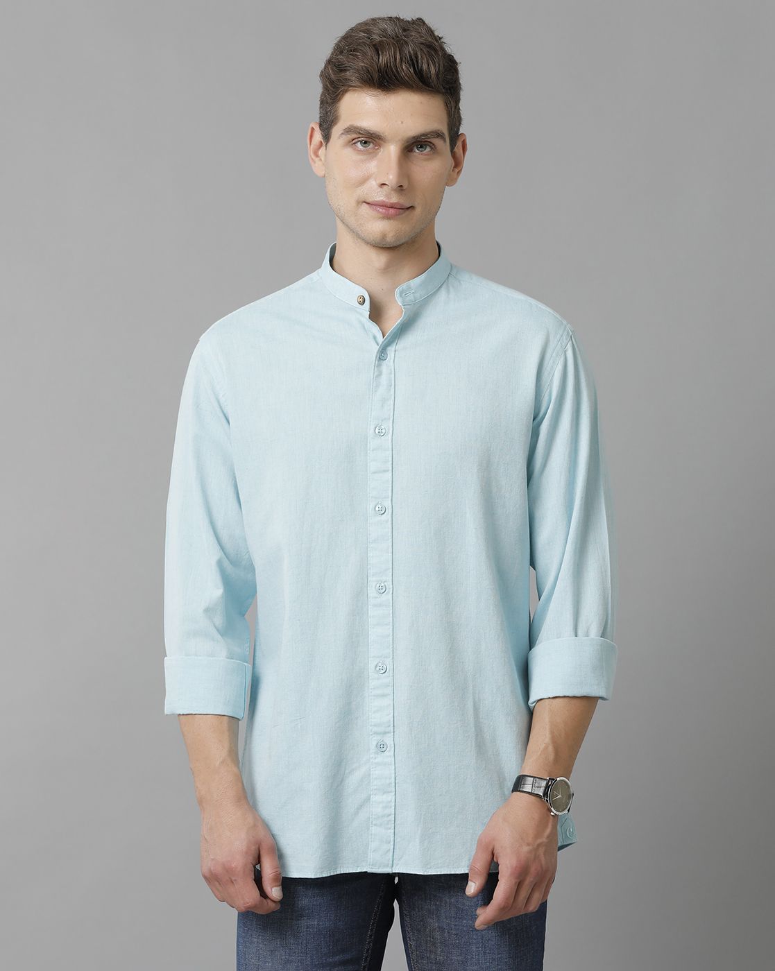 Men's Blended Linen Blue Solid Contemporary Fit Full Sleeve Sleeve Casual Shirt