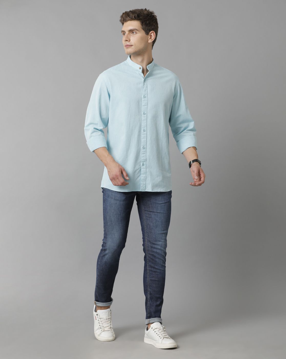 Men's Blended Linen Blue Solid Contemporary Fit Full Sleeve Sleeve Casual Shirt