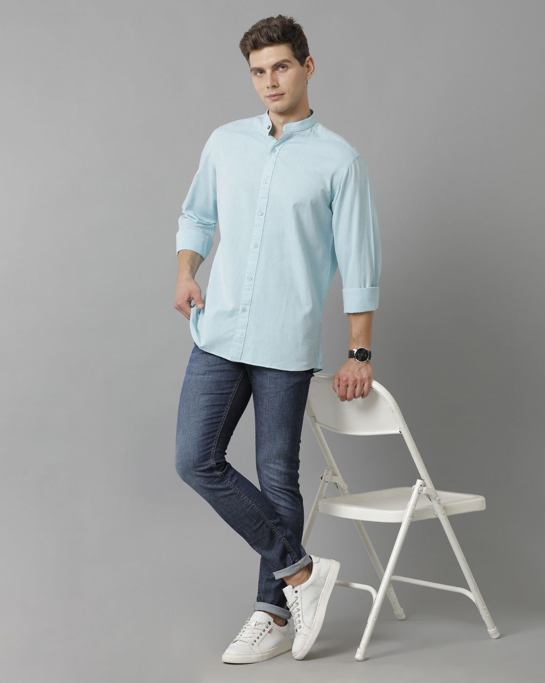 Men's Blended Linen Blue Solid Contemporary Fit Full Sleeve Sleeve Casual Shirt