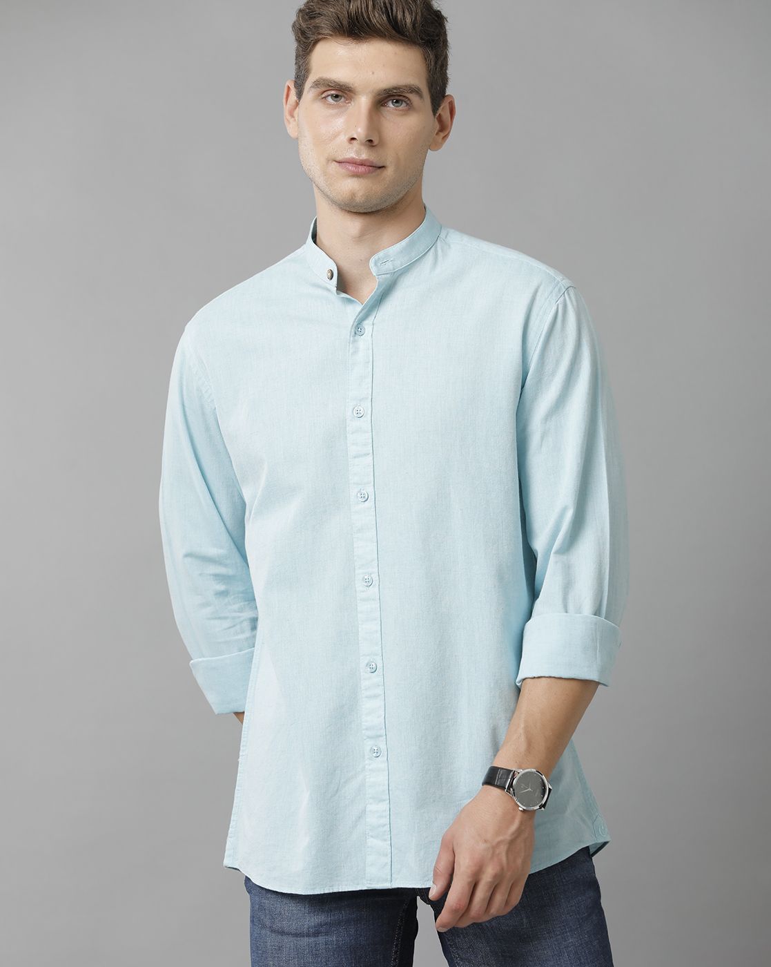 Men's Blended Linen Blue Solid Contemporary Fit Full Sleeve Sleeve Casual Shirt