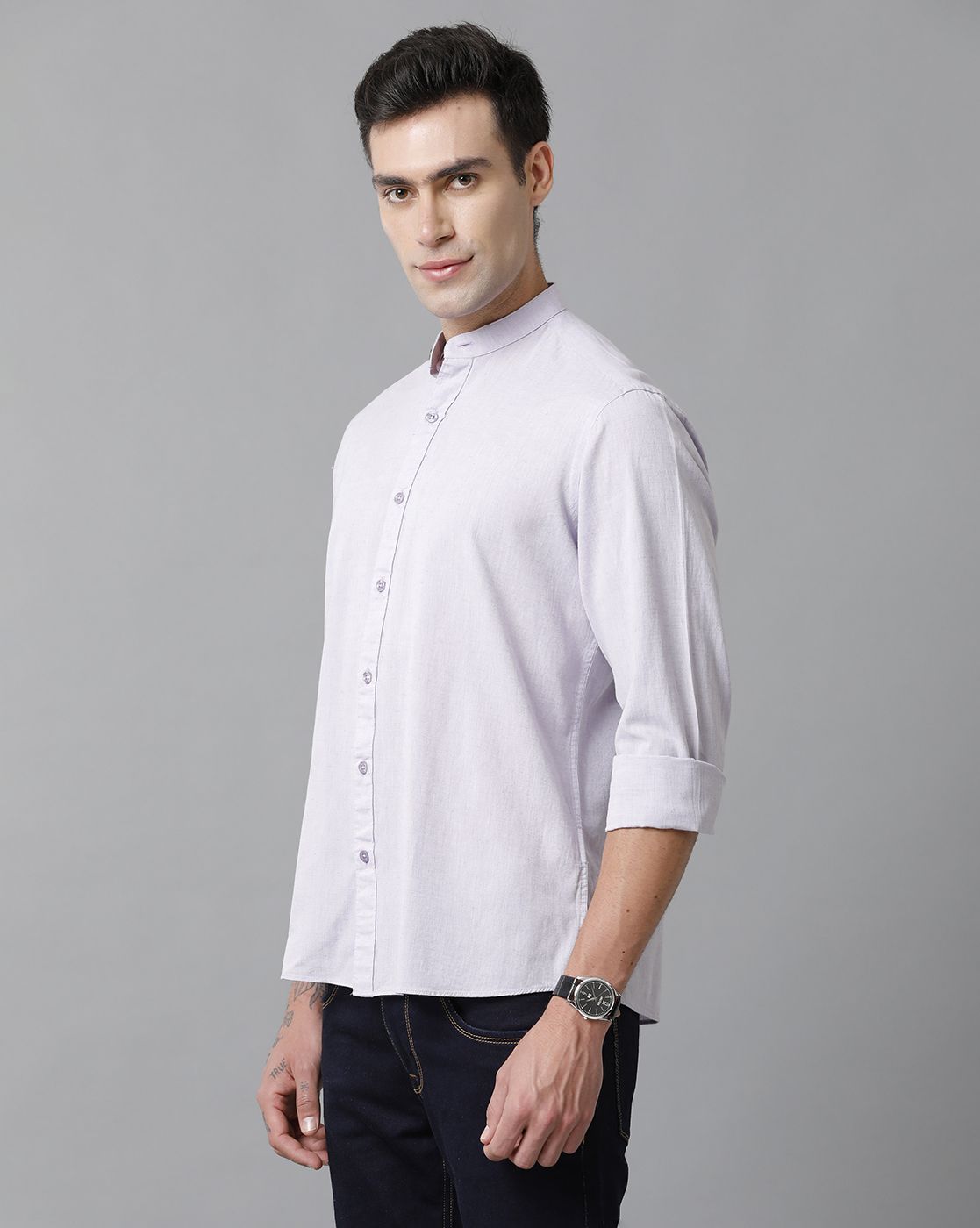 Men's Blended Linen Grey Solid Contemporary Fit Full Sleeve Sleeve Casual Shirt