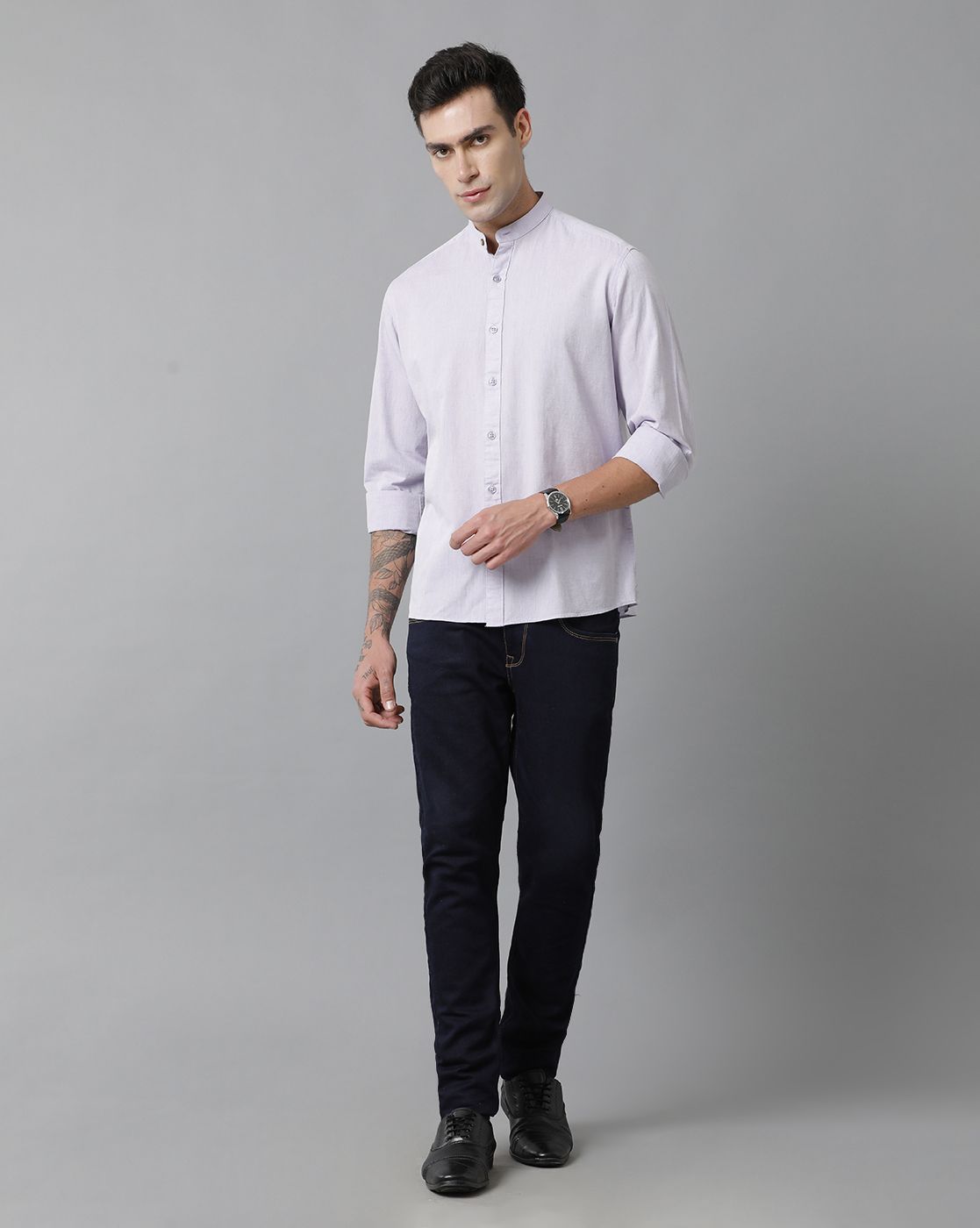 Men's Blended Linen Grey Solid Contemporary Fit Full Sleeve Sleeve Casual Shirt