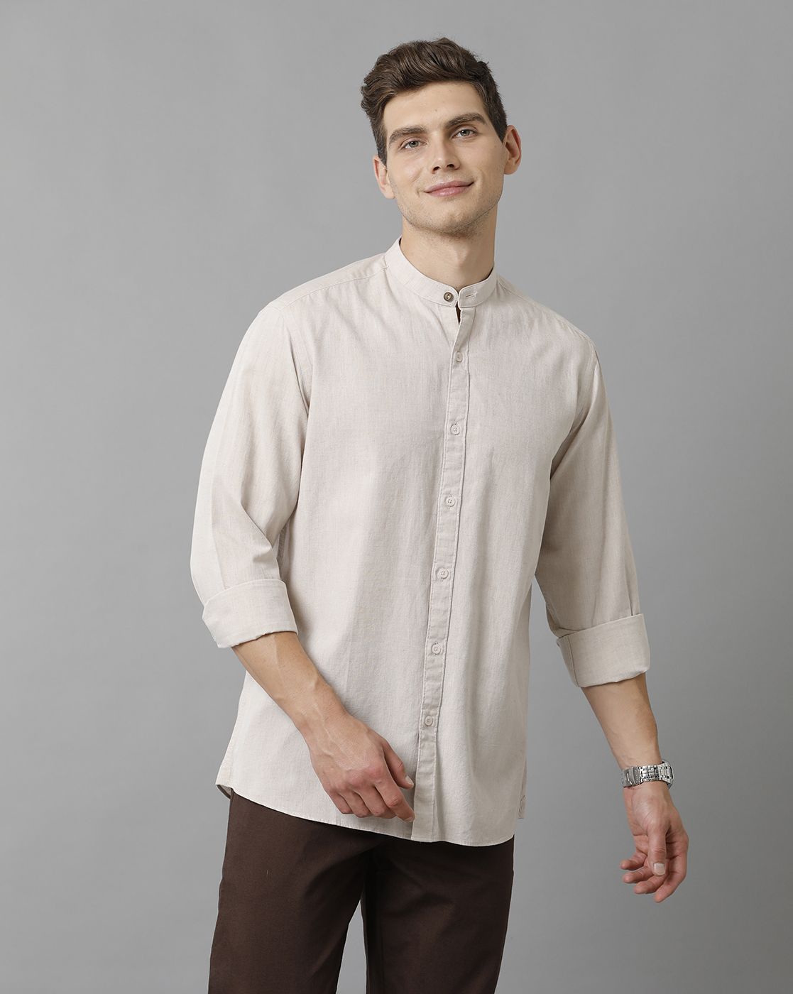 Men's Blended Linen Beige Solid Contemporary Fit Full Sleeve Men's Blended Linen Beige Solid Contemporary Fit Full Sleeve