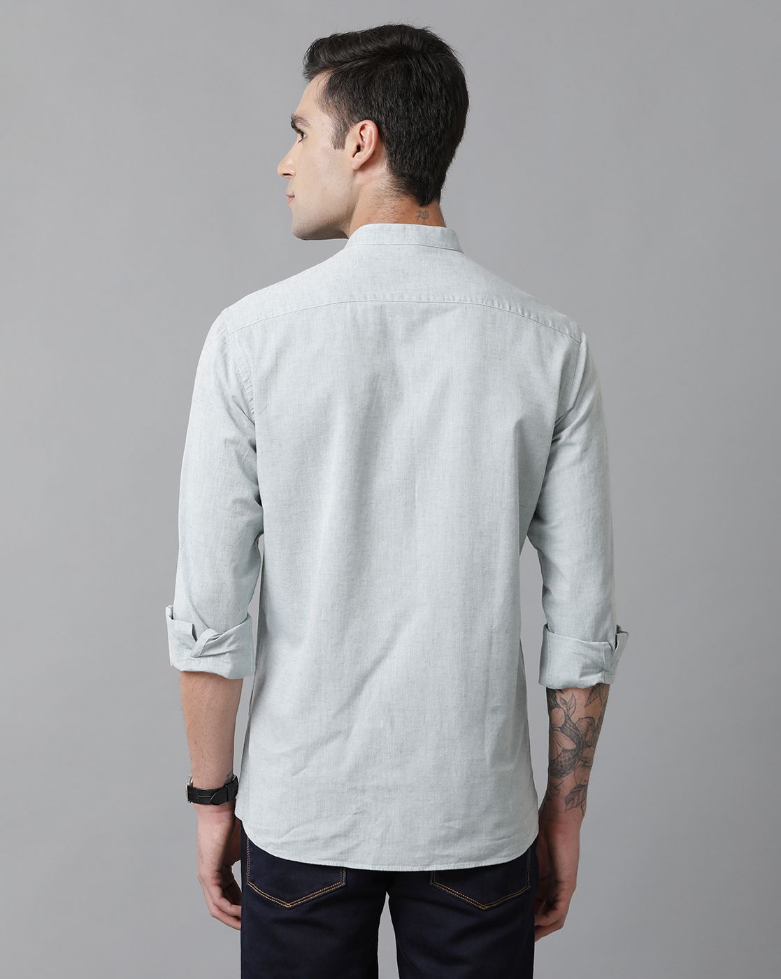 Men's Blended Linen Blue Solid Contemporary Fit Full Sleeve Casual Shirt