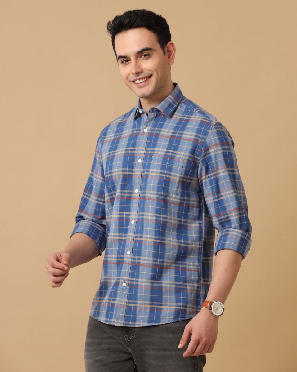 Cavallo By Linen Club Men's Cotton Linen Blue Checks Regular Fit Full Sleeve Casual Shirt