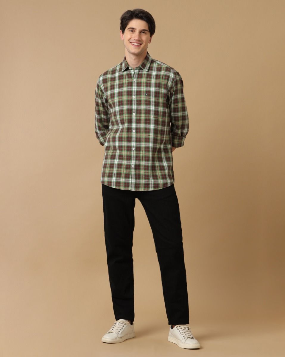 Cavallo By Linen Club Men's Cotton Linen Green Checks Regular Fit Full Sleeve Casual Shirt