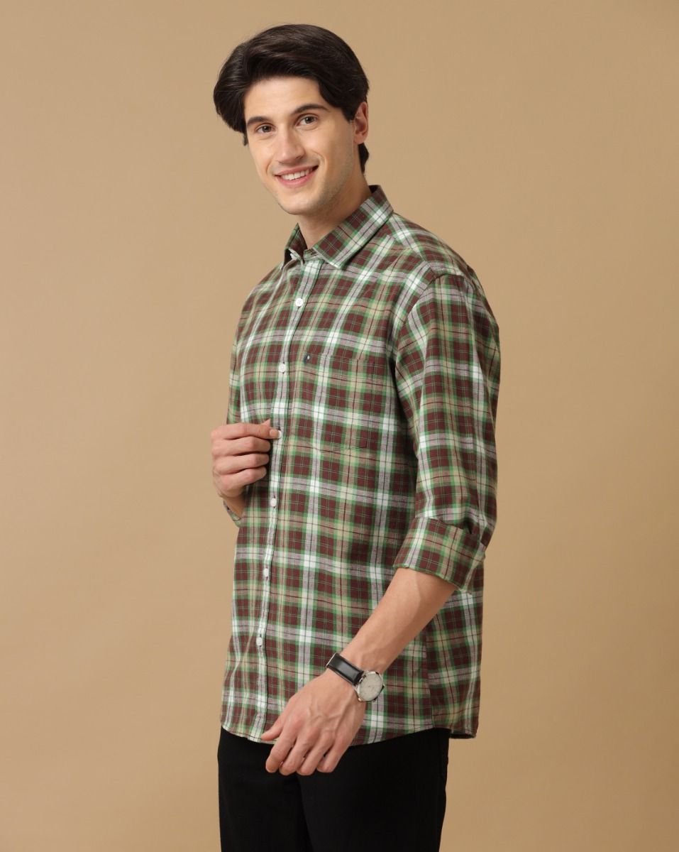 Cavallo By Linen Club Men's Cotton Linen Green Checks Regular Fit Full Sleeve Casual Shirt