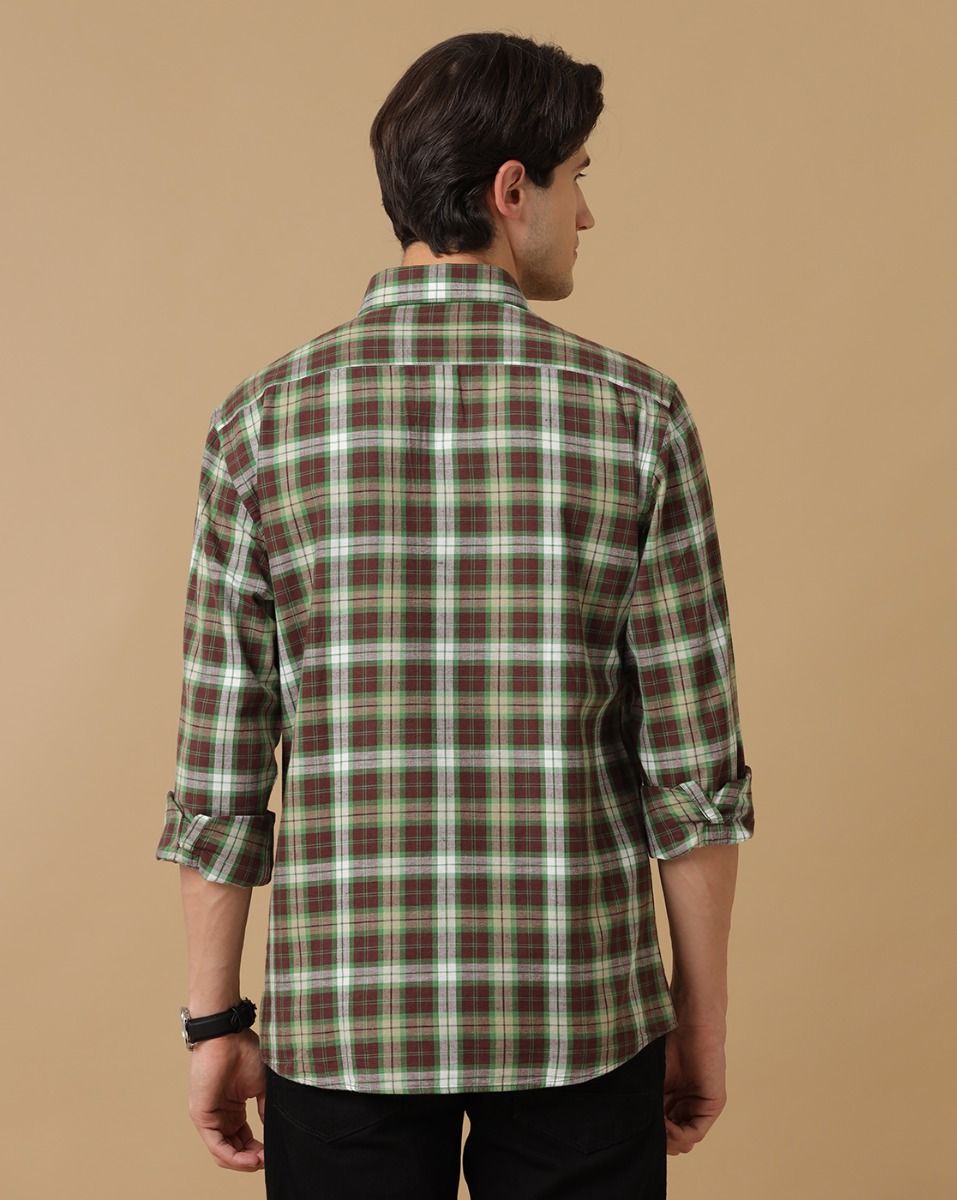 Cavallo By Linen Club Men's Cotton Linen Green Checks Regular Fit Full Sleeve Casual Shirt