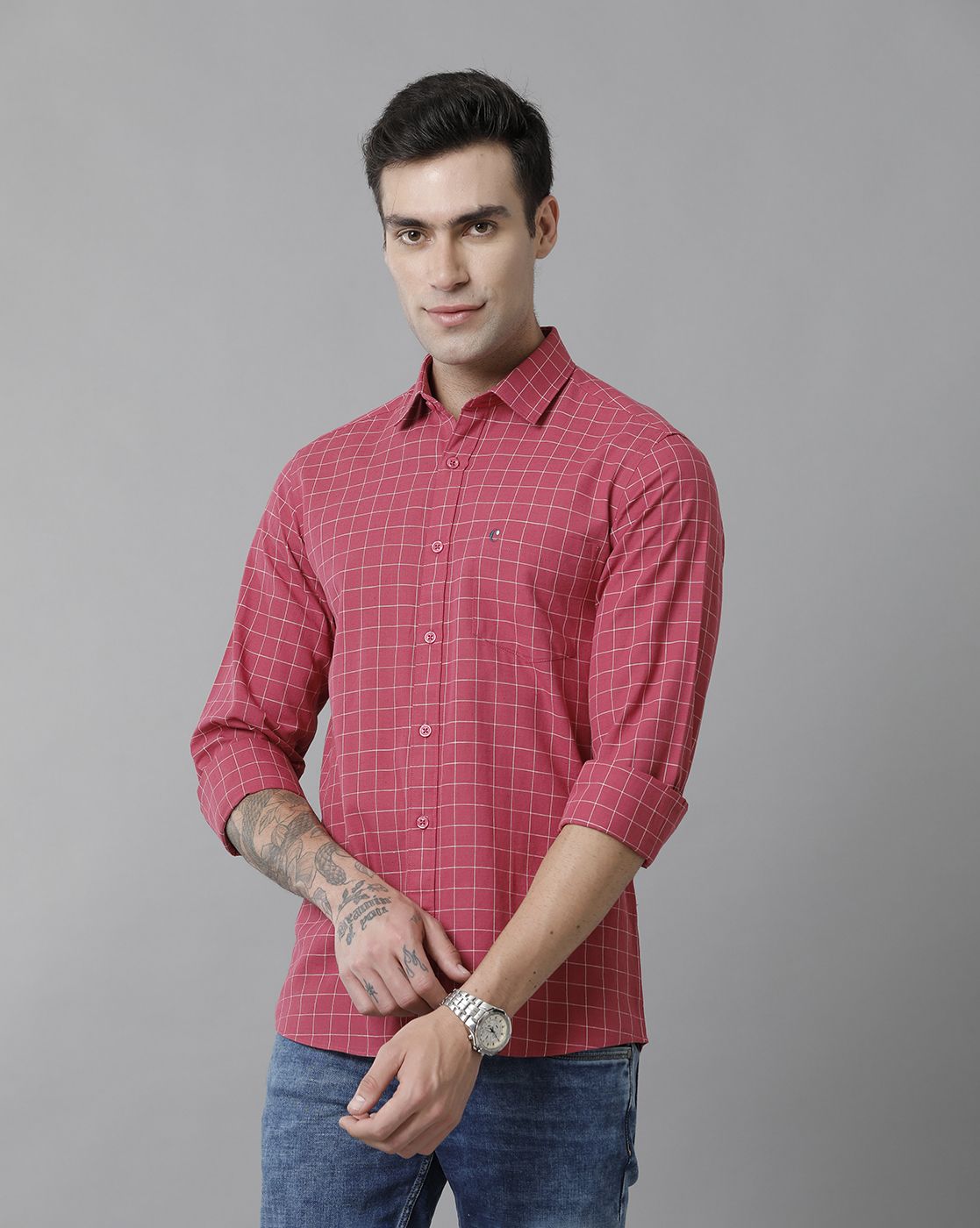 Men's Blended Linen Red Checked Contemporary Fit Full Sleeve Sleeve Casual Shirt
