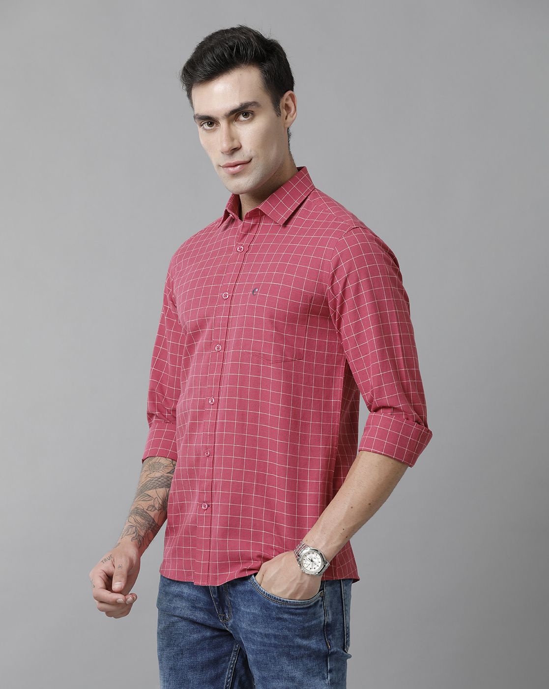 Men's Blended Linen Red Checked Contemporary Fit Full Sleeve Sleeve Casual Shirt