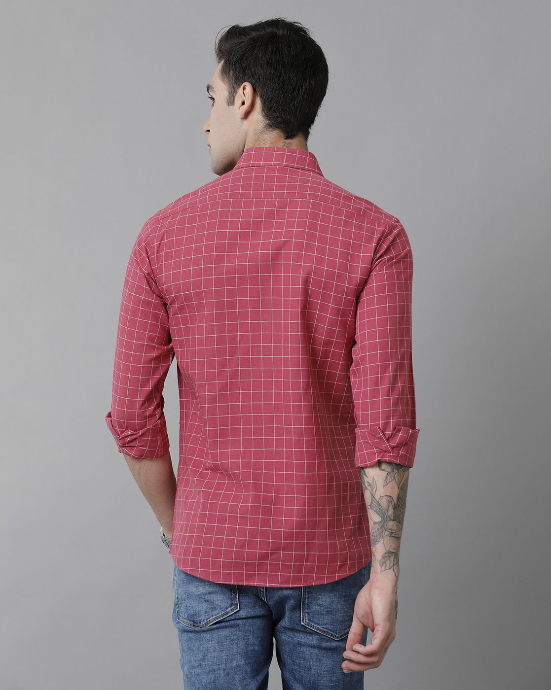 Men's Blended Linen Red Checked Contemporary Fit Full Sleeve Sleeve Casual Shirt