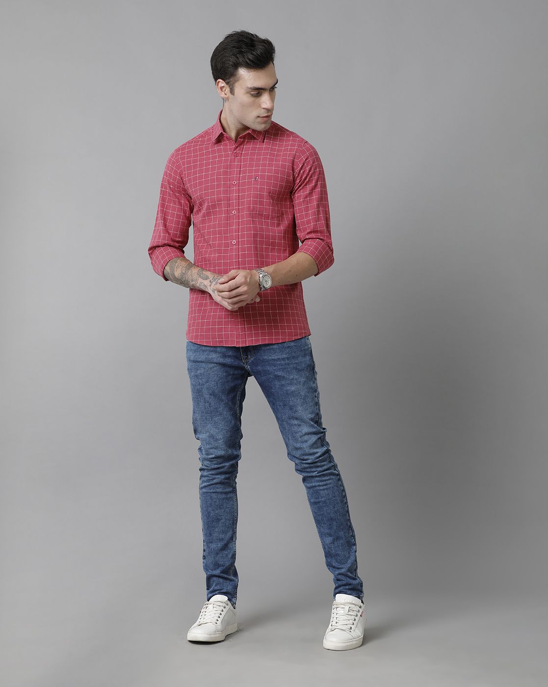 Men's Blended Linen Red Checked Contemporary Fit Full Sleeve Sleeve Casual Shirt