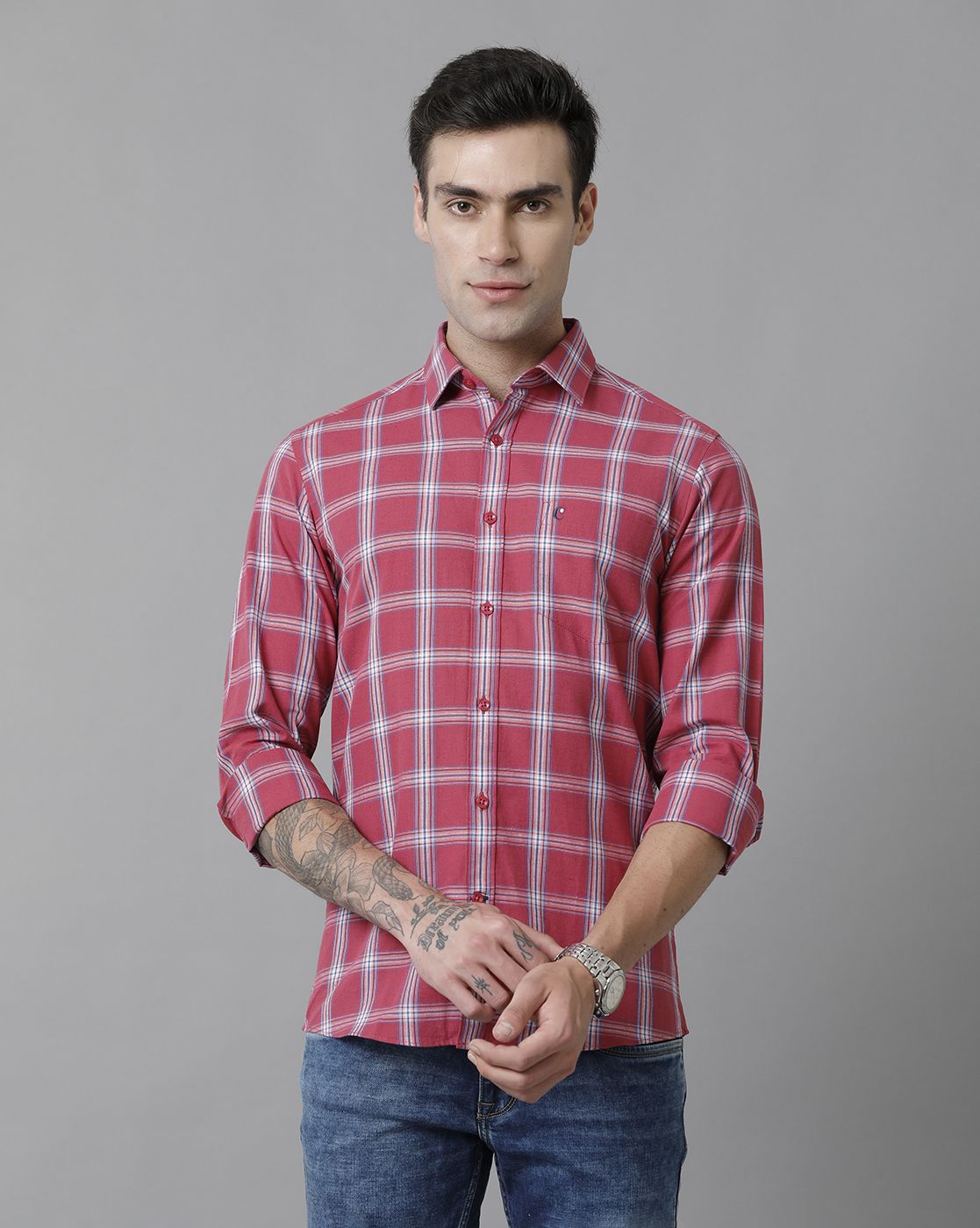 Men's Blended Linen Red Checked Contemporary Fit Full Sleeve Sleeve Casual Shirt