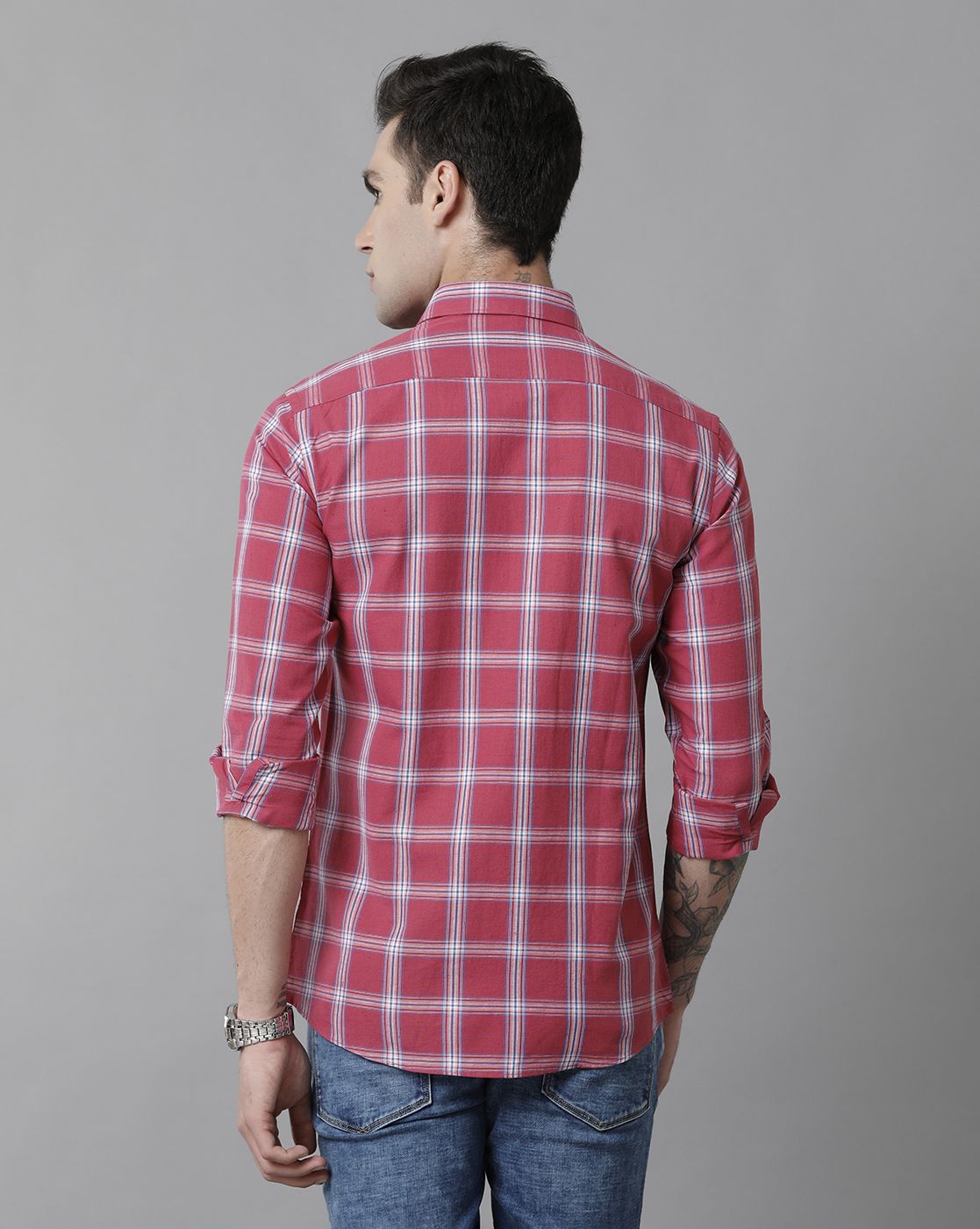 Men's Blended Linen Red Checked Contemporary Fit Full Sleeve Sleeve Casual Shirt