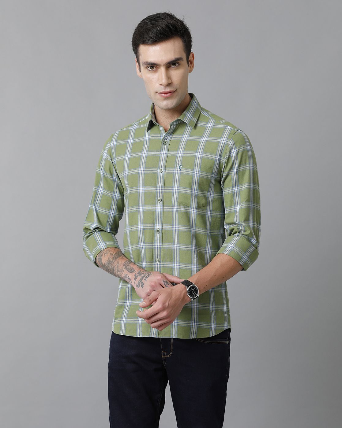 Men's Blended Linen Green Checked Contemporary Fit Full Sleeve Casual Shirt