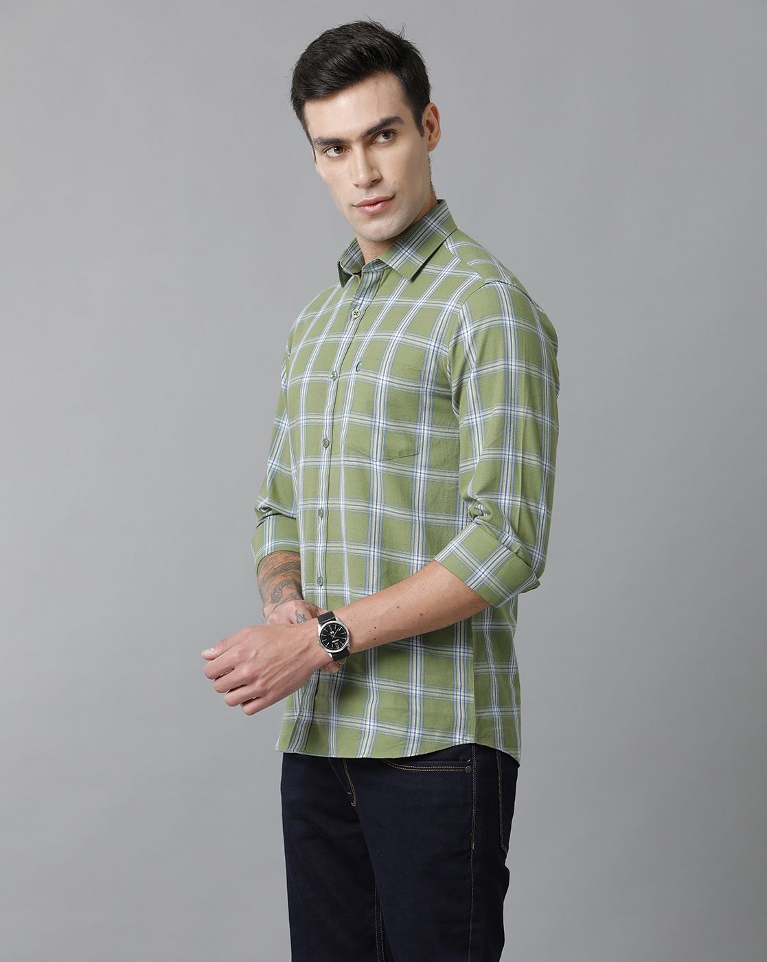 Men's Blended Linen Green Checked Contemporary Fit Full Sleeve Casual Shirt
