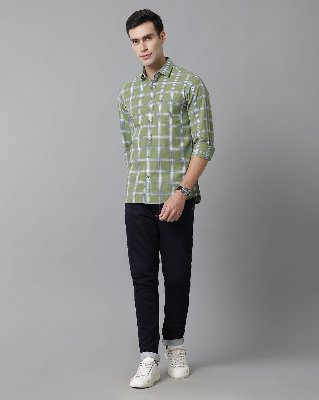 Men's Blended Linen Green Checked Contemporary Fit Full Sleeve Casual Shirt
