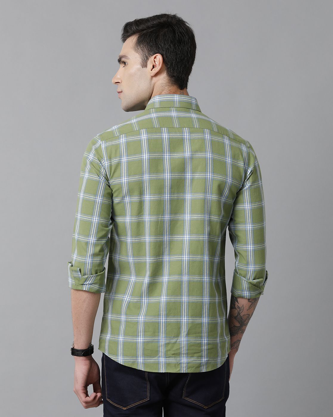 Men's Blended Linen Green Checked Contemporary Fit Full Sleeve Casual Shirt