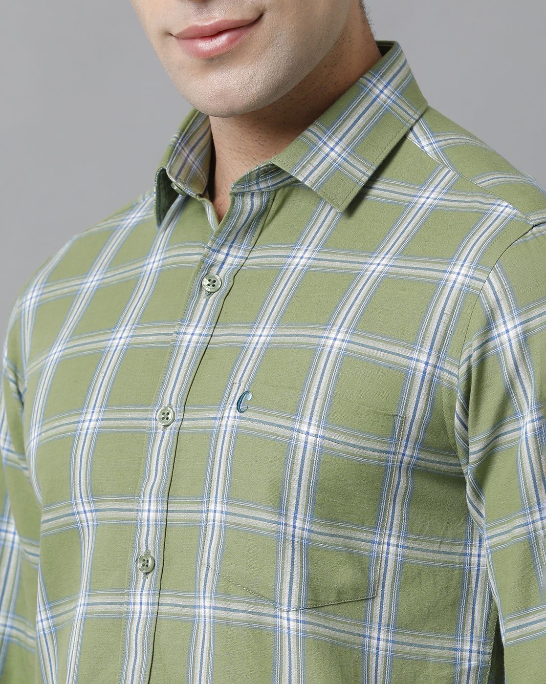 Men's Blended Linen Green Checked Contemporary Fit Full Sleeve Casual Shirt