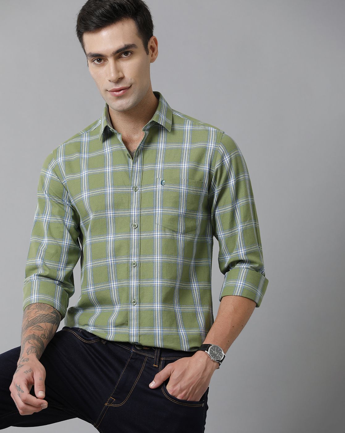 Men's Blended Linen Green Checked Contemporary Fit Full Sleeve Casual Shirt