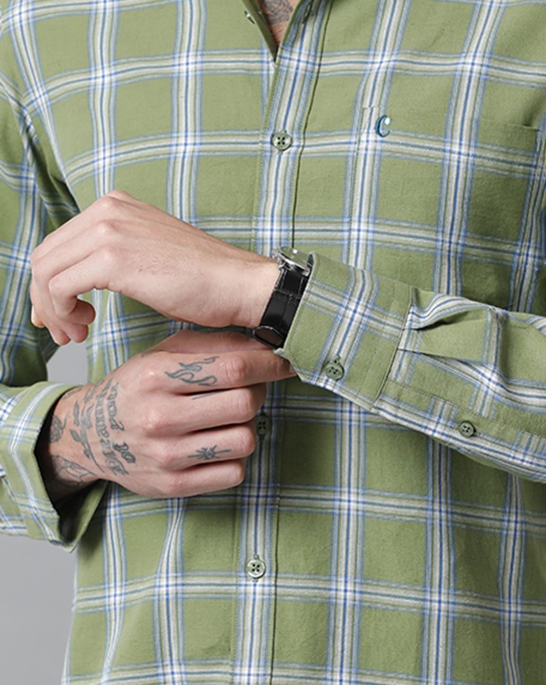 Men's Blended Linen Green Checked Contemporary Fit Full Sleeve Casual Shirt