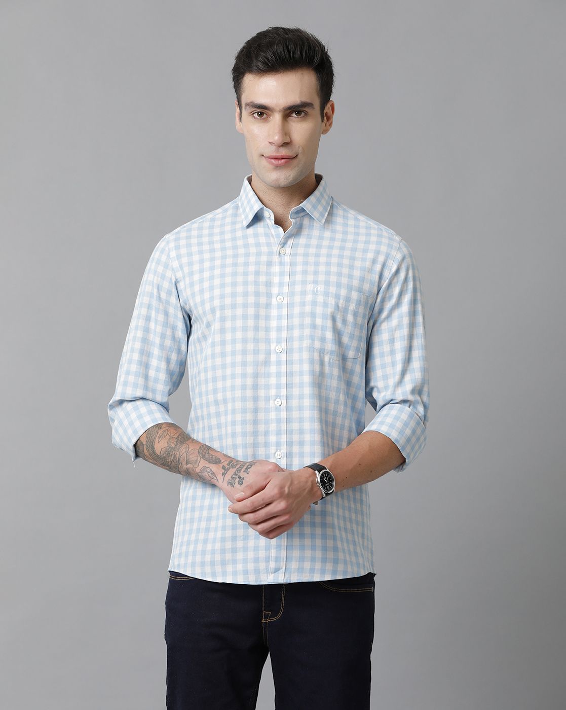 Men's Blended Linen Blue Checked Contemporary Fit Full Sleeve Casual Shirt