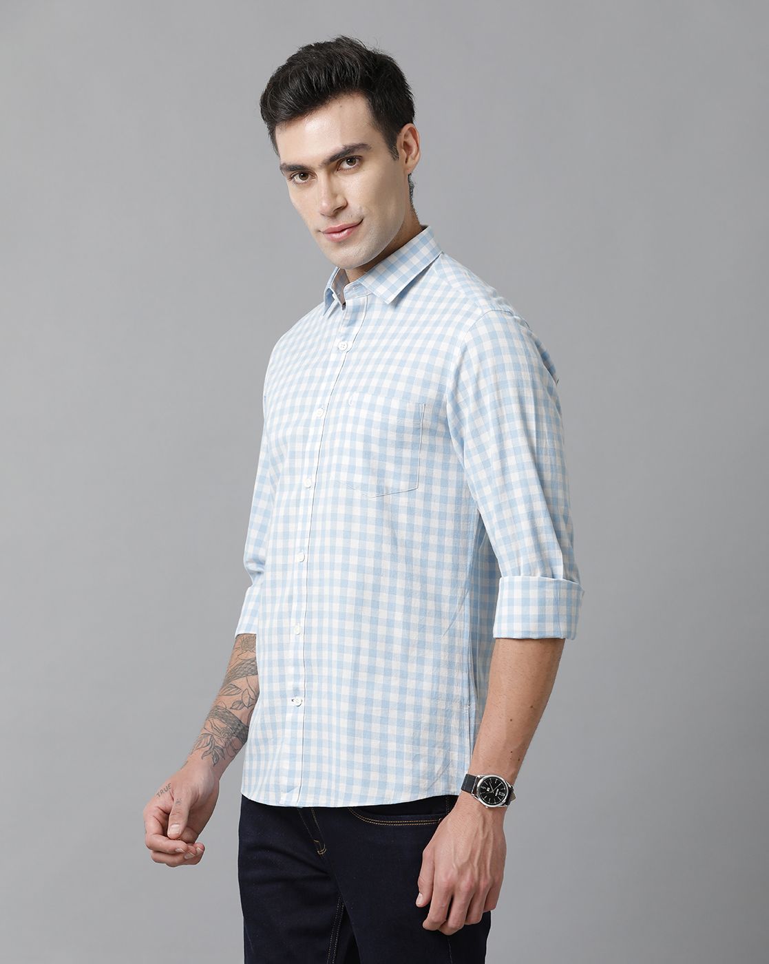 Men's Blended Linen Blue Checked Contemporary Fit Full Sleeve Casual Shirt