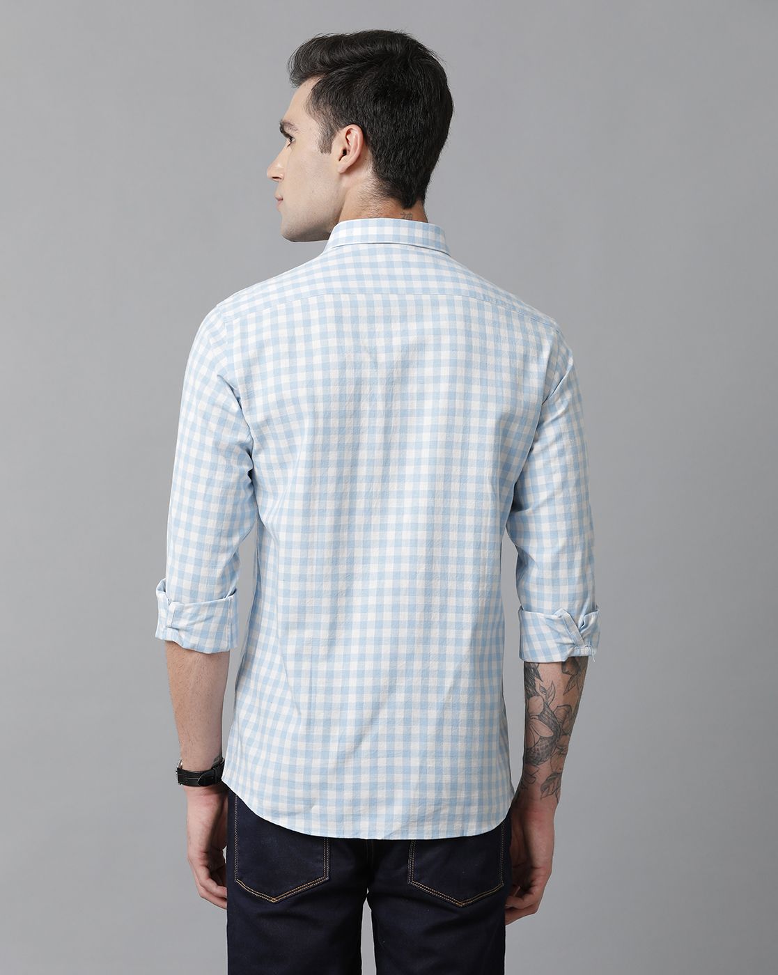 Men's Blended Linen Blue Checked Contemporary Fit Full Sleeve Casual Shirt