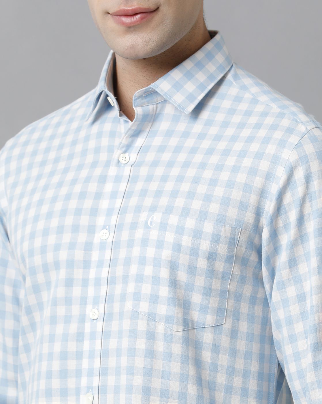 Men's Blended Linen Blue Checked Contemporary Fit Full Sleeve Casual Shirt
