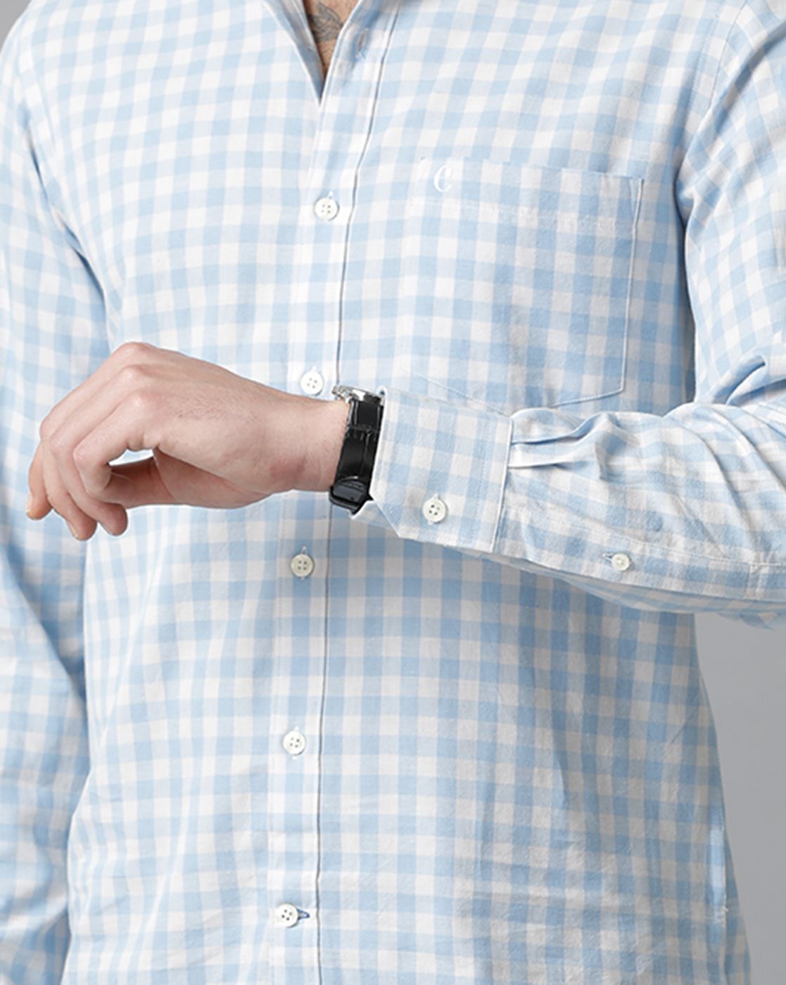 Men's Blended Linen Blue Checked Contemporary Fit Full Sleeve Casual Shirt