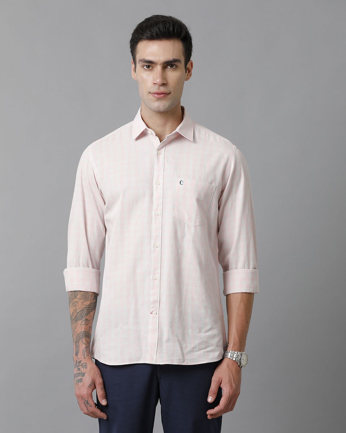 Cavallo By Linen Club Men's Cotton Linen Pink checked Slim Fit Full Sleeve Casual Shirt