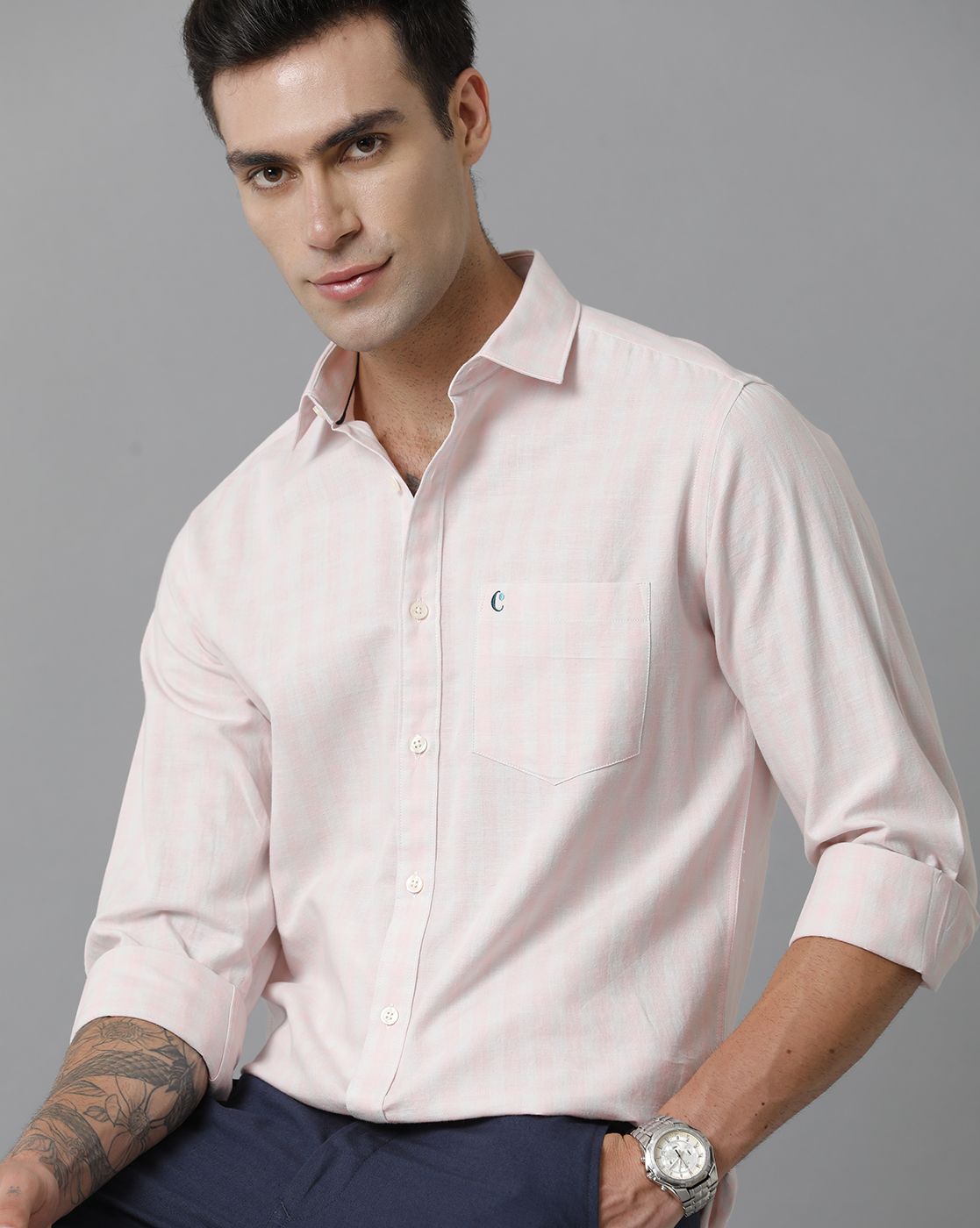 Cavallo By Linen Club Men's Cotton Linen Pink checked Slim Fit Full Sleeve Casual Shirt