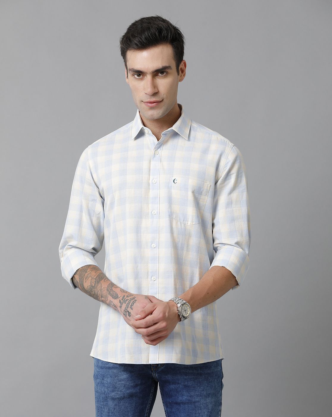Men's Blended Linen Blue Checked Contemporary Fit Full Sleeve Casual Shirt