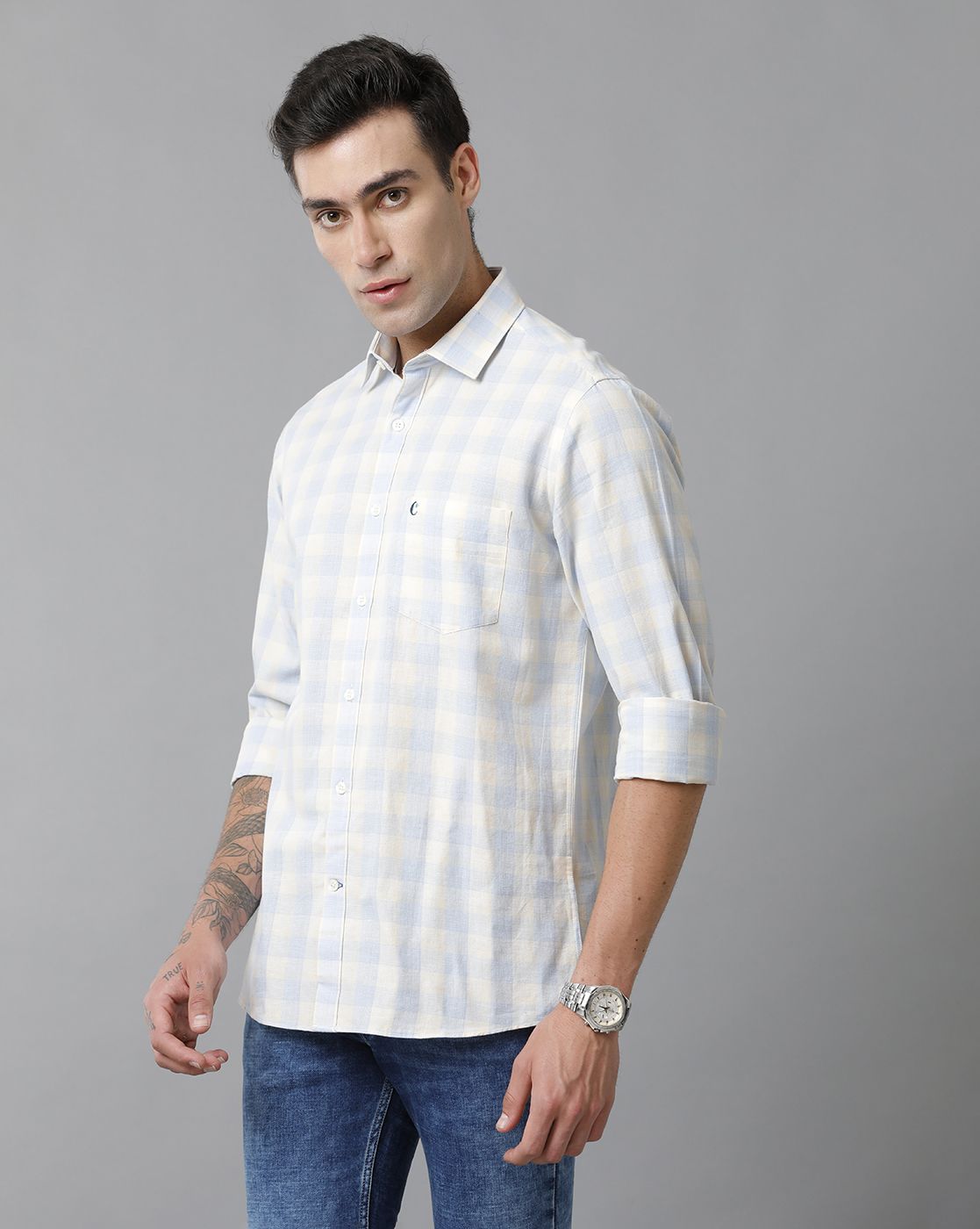Men's Blended Linen Blue Checked Contemporary Fit Full Sleeve Casual Shirt