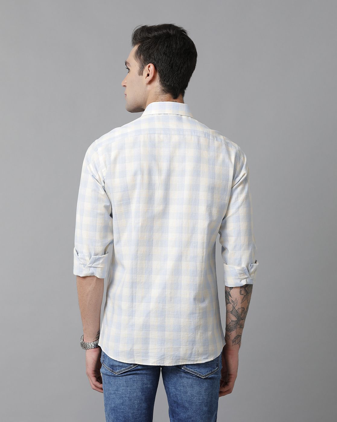 Men's Blended Linen Blue Checked Contemporary Fit Full Sleeve Casual Shirt