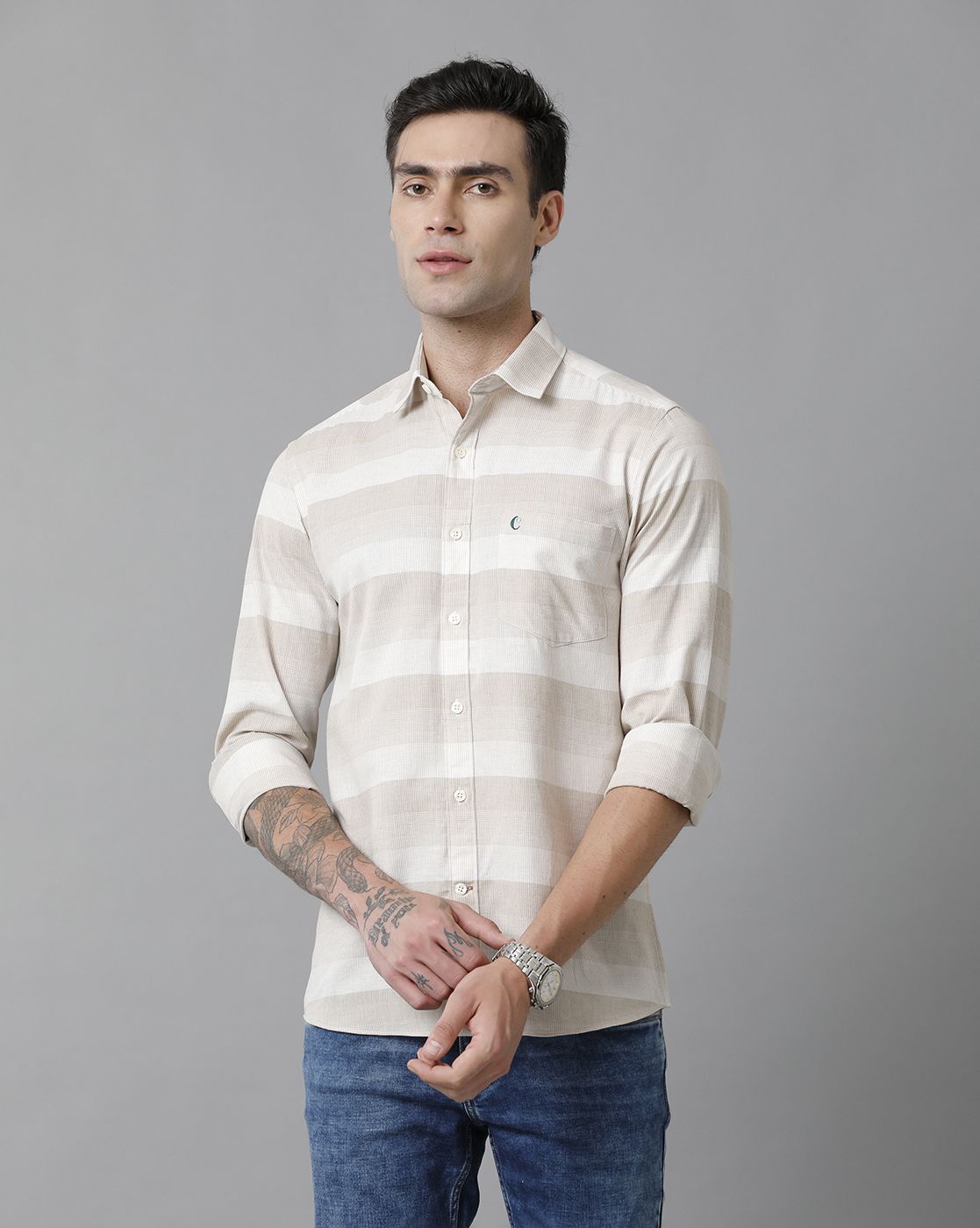 Men's Blended Linen Beige Striped Contemporary Fit Full Sleeve Casual Shirt