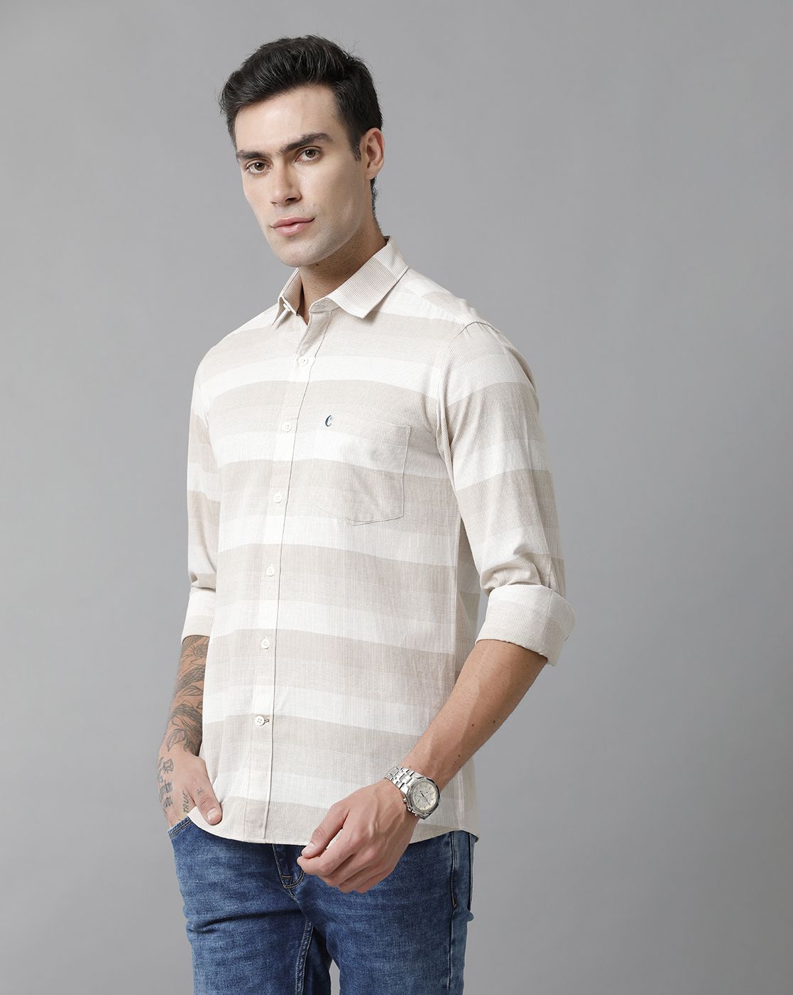 Men's Blended Linen Beige Striped Contemporary Fit Full Sleeve Casual Shirt