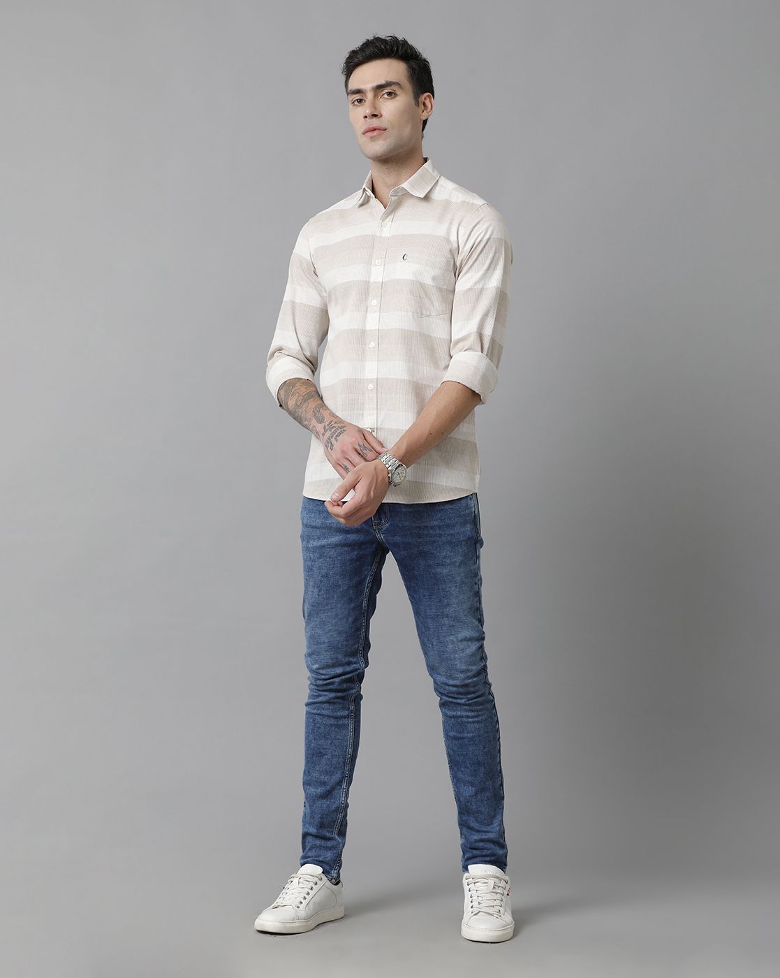Men's Blended Linen Beige Striped Contemporary Fit Full Sleeve Casual Shirt