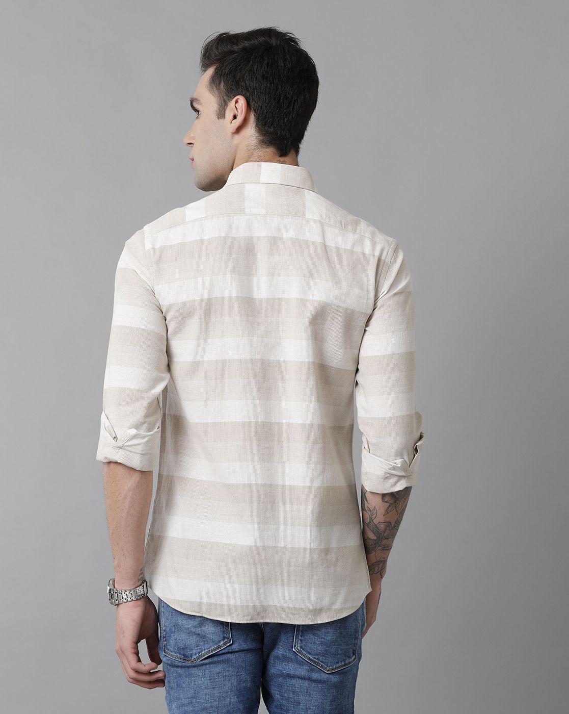 Men's Blended Linen Beige Striped Contemporary Fit Full Sleeve Casual Shirt