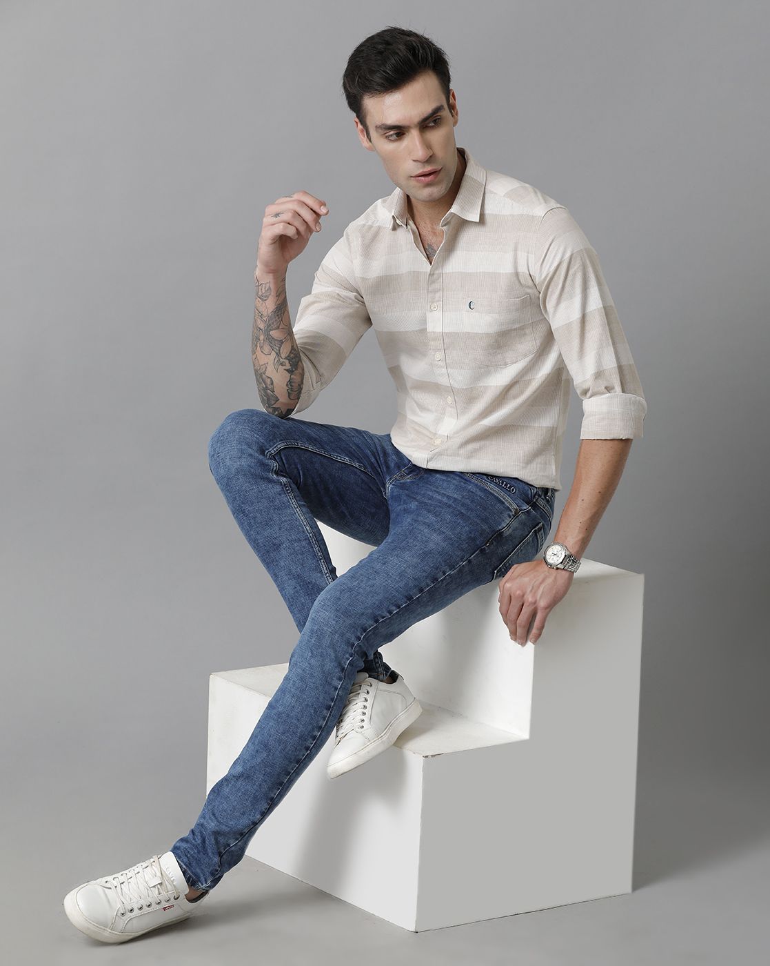 Men's Blended Linen Beige Striped Contemporary Fit Full Sleeve Casual Shirt