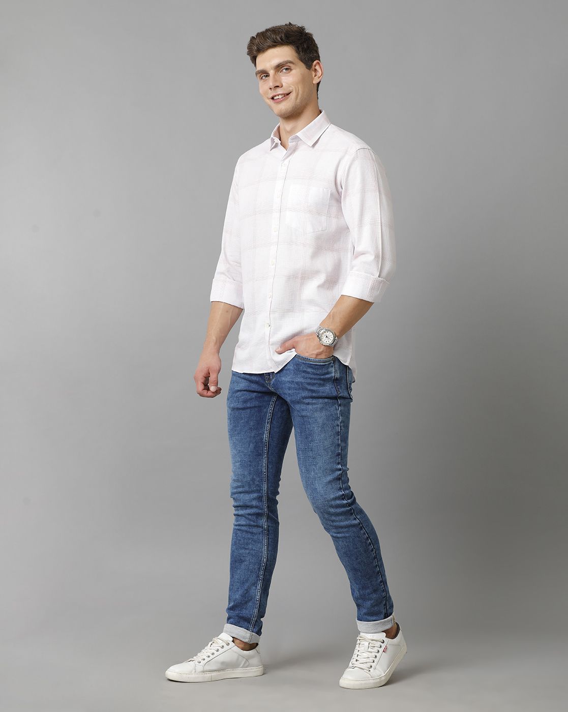Men's Blended Linen Beige Checked Contemporary Fit Full Sleeve Casual Shirt