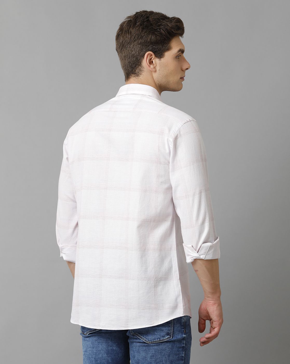 Men's Blended Linen Beige Checked Contemporary Fit Full Sleeve Casual Shirt