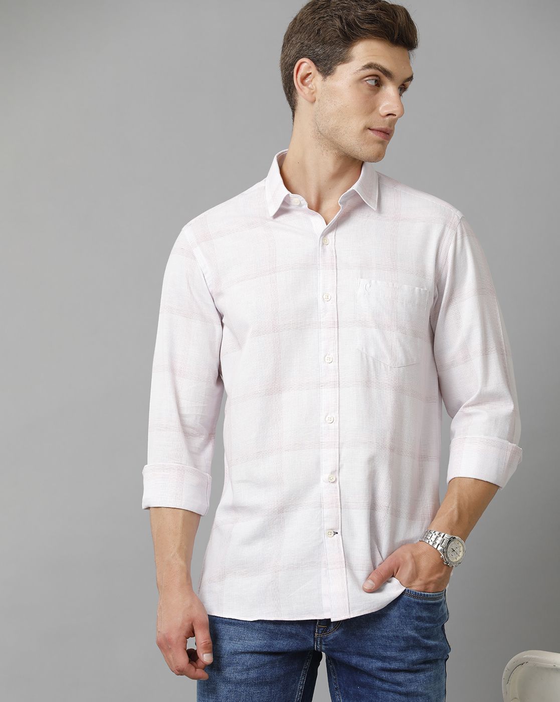 Men's Blended Linen Beige Checked Contemporary Fit Full Sleeve Casual Shirt