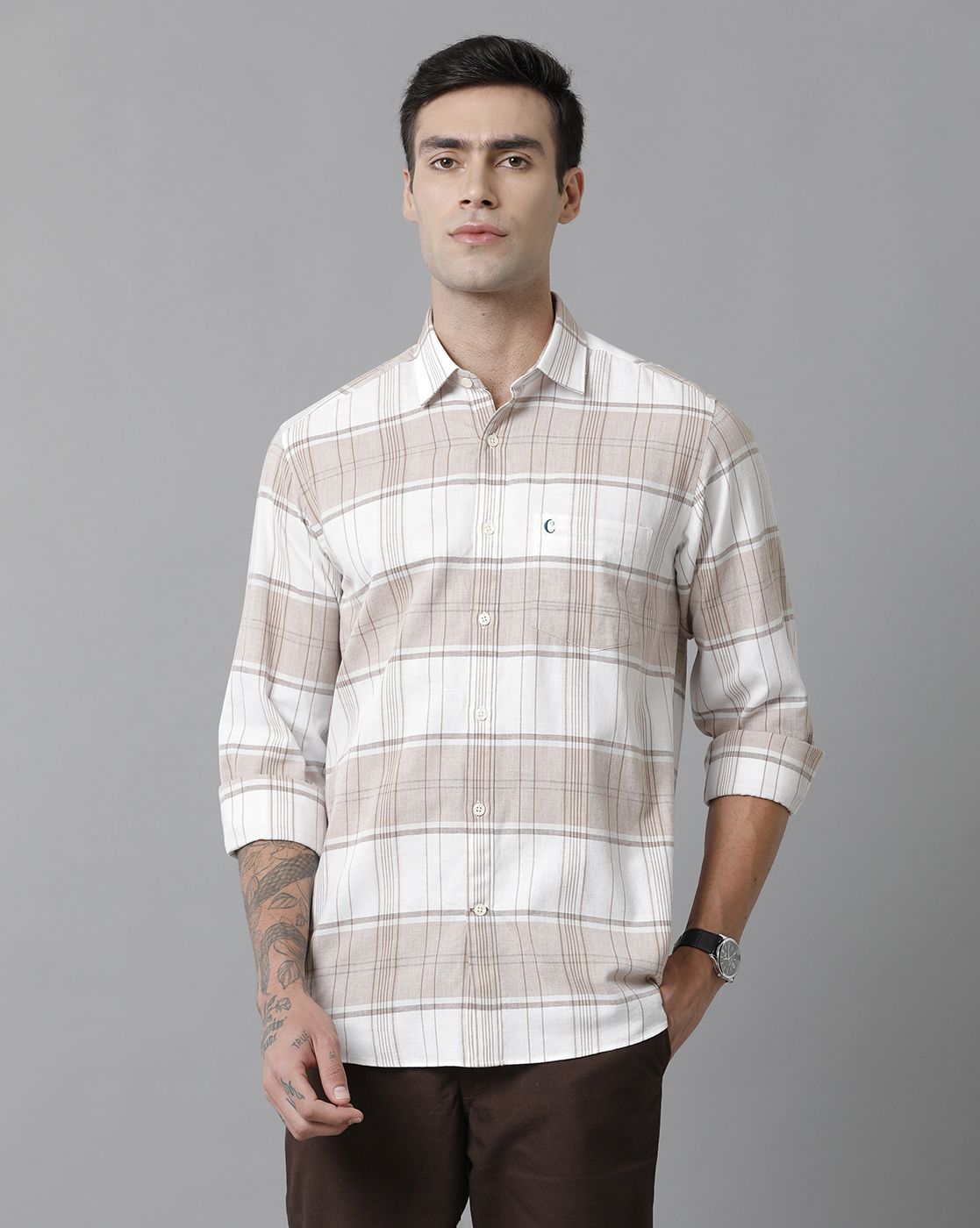 Men's Blended Linen Brown Checked Contemporary Fit Full Sleeve Sleeve Casual Shirt
