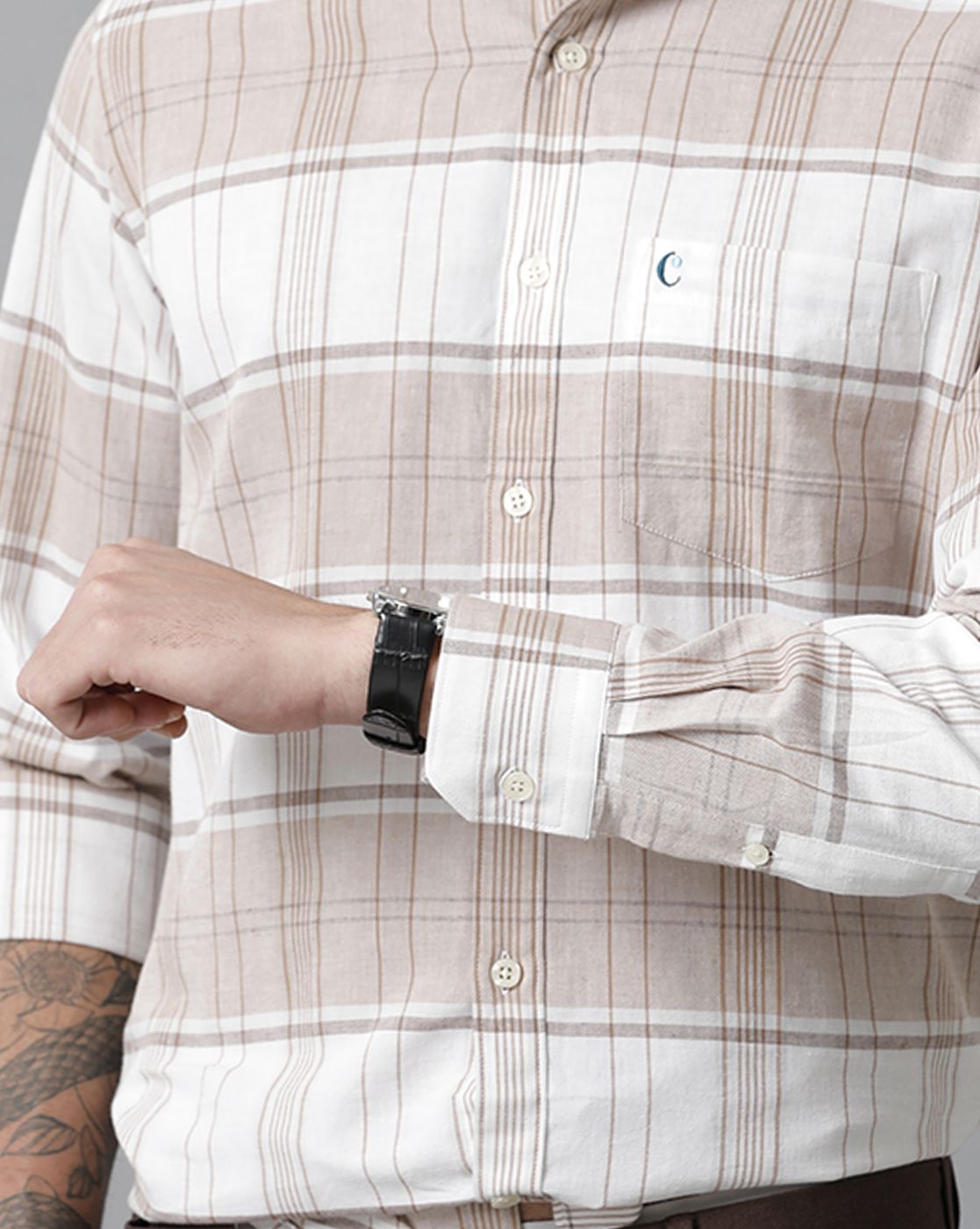 Men's Blended Linen Brown Checked Contemporary Fit Full Sleeve Sleeve Casual Shirt
