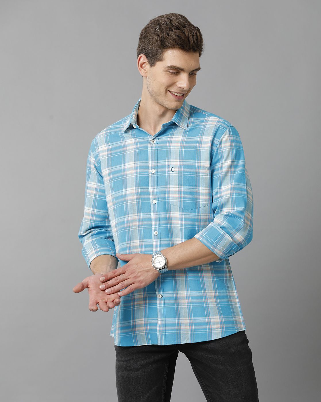 Men's Blended Linen Blue Checked Contemporary Fit Full Sleeve Casual Shirt