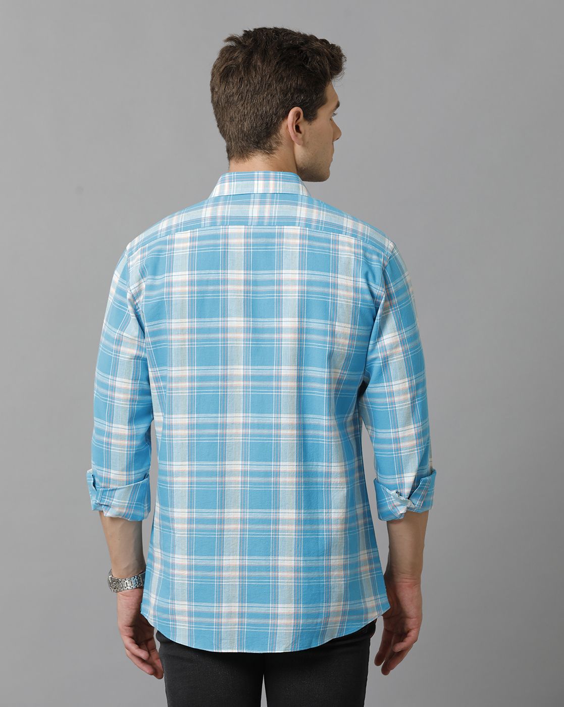 Men's Blended Linen Blue Checked Contemporary Fit Full Sleeve Casual Shirt