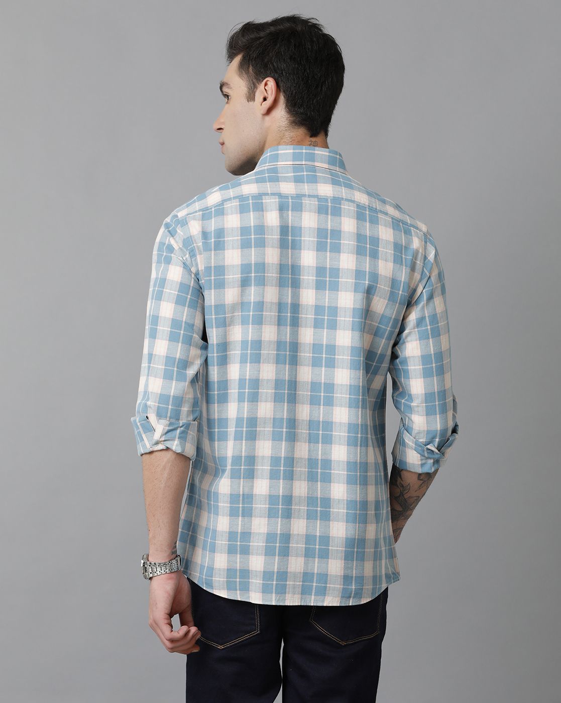 Men's Blended Linen Blue Checked Contemporary Fit Full Sleeve Casual Shirt