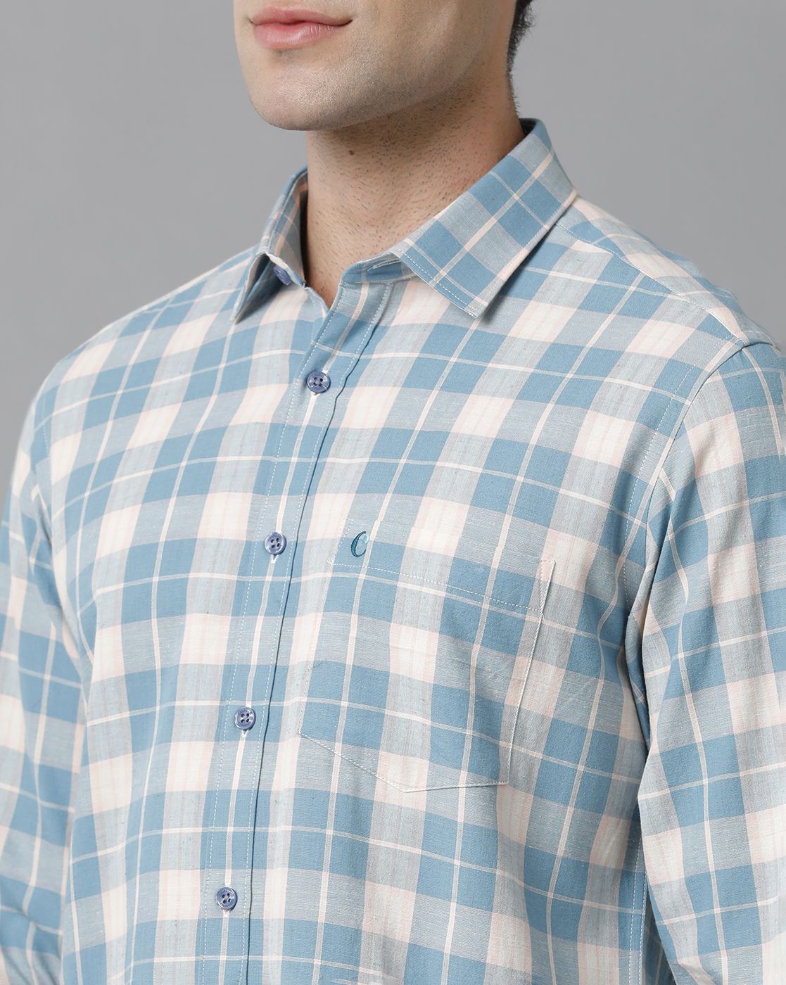 Men's Blended Linen Blue Checked Contemporary Fit Full Sleeve Casual Shirt